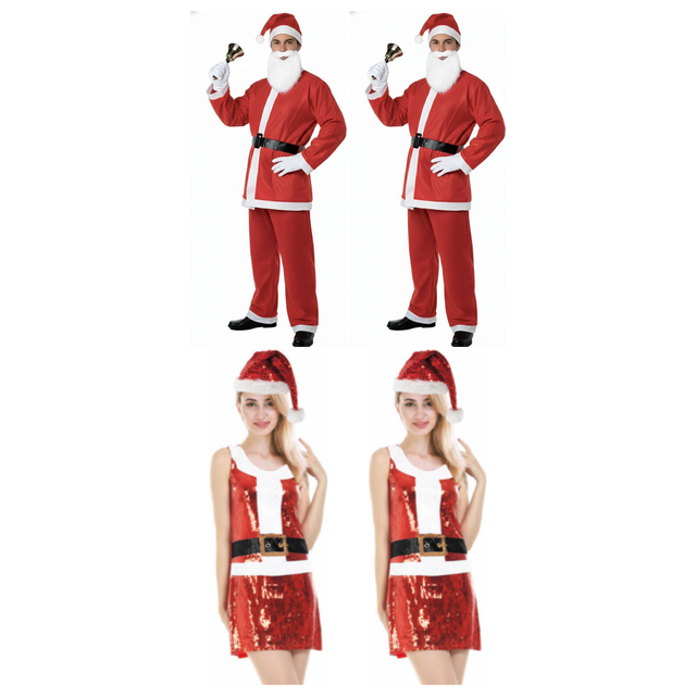 Christmas Group Costume Set - 2x Santa Suit + 2x Santa Sequin Dress (Xmas Party)