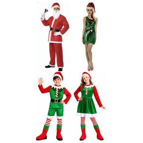 Santa & Elves Group Family Costume Set - 4pc Mens, Womens, Boys & Girls Santas Helper Xmas Fancy Dress