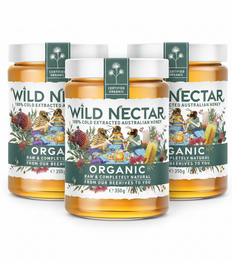 3x 350g Glass Jar Wild Nectar Certified Organic Raw Australian Honey - 100% Cold Extracted