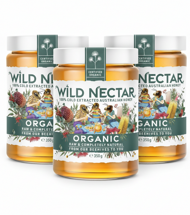 3x Wild Nectar Organic Raw Australian Honey Bulk Pack - 350g Glass Jar & 100% Cold Extracted