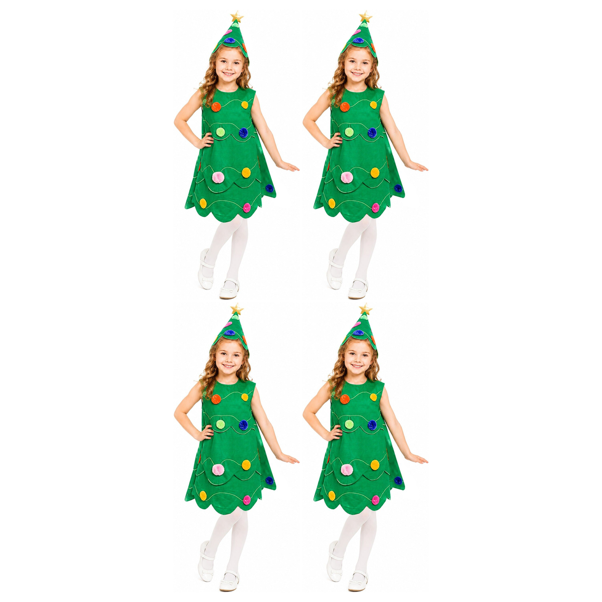 4x Girls Green Christmas Tree Group Costume Bulk Pack w/ Dress & Star Hat - Childrens Xmas Party Outfit