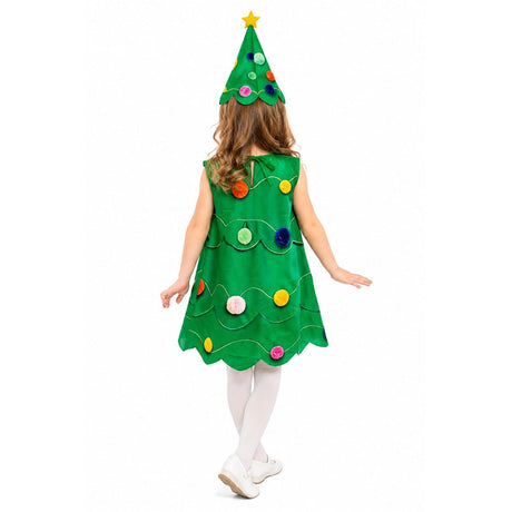 4x Girls Green Christmas Tree Group Costume Bulk Pack w/ Dress & Star Hat - Childrens Xmas Party Outfit