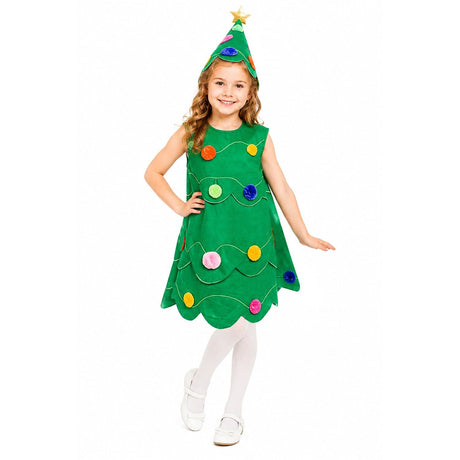4x Girls Green Christmas Tree Group Costume Bulk Pack w/ Dress & Star Hat - Childrens Xmas Party Outfit