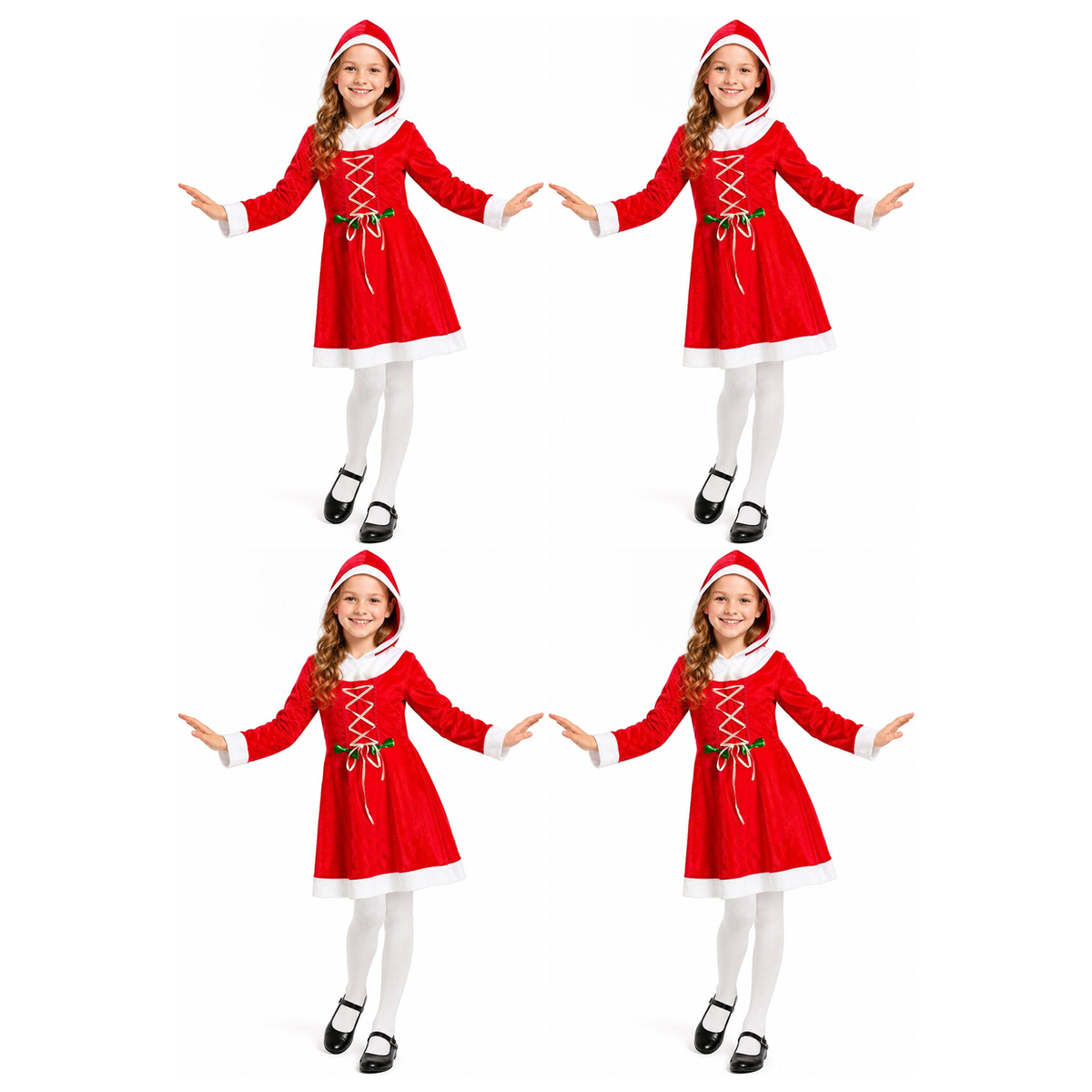 4x Girls Red Christmas Miss Claus Hooded Dress Group Costume Bulk Pack - Childrens Xmas Party Outfit