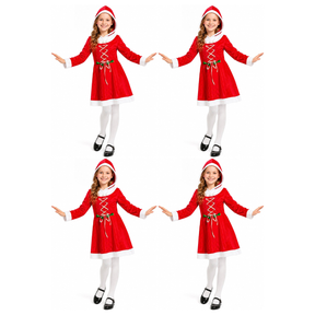 4x Girls Red Christmas Miss Claus Hooded Dress Group Costume Bulk Pack - Childrens Xmas Party Outfit