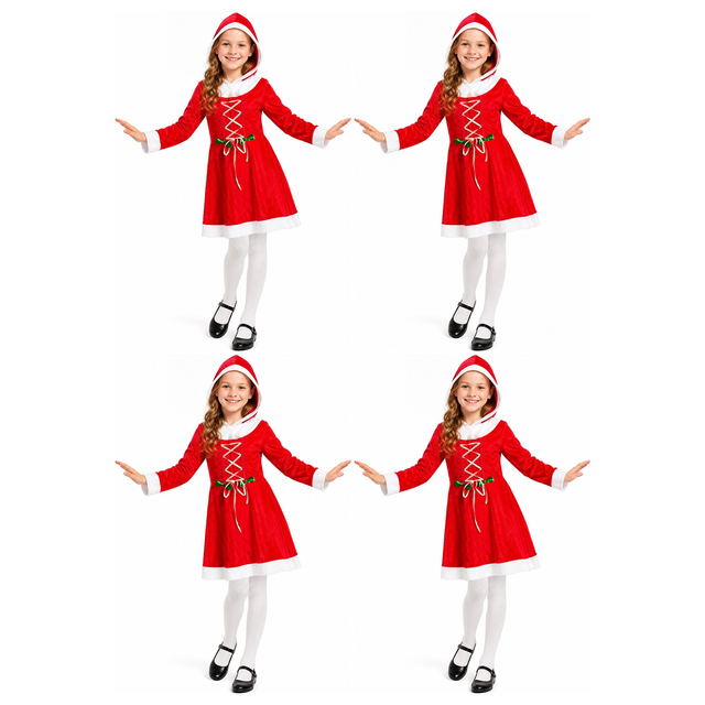 4x Girls Red Christmas Miss Claus Hooded Dress Group Costume Bulk Pack - Childrens Xmas Party Outfit