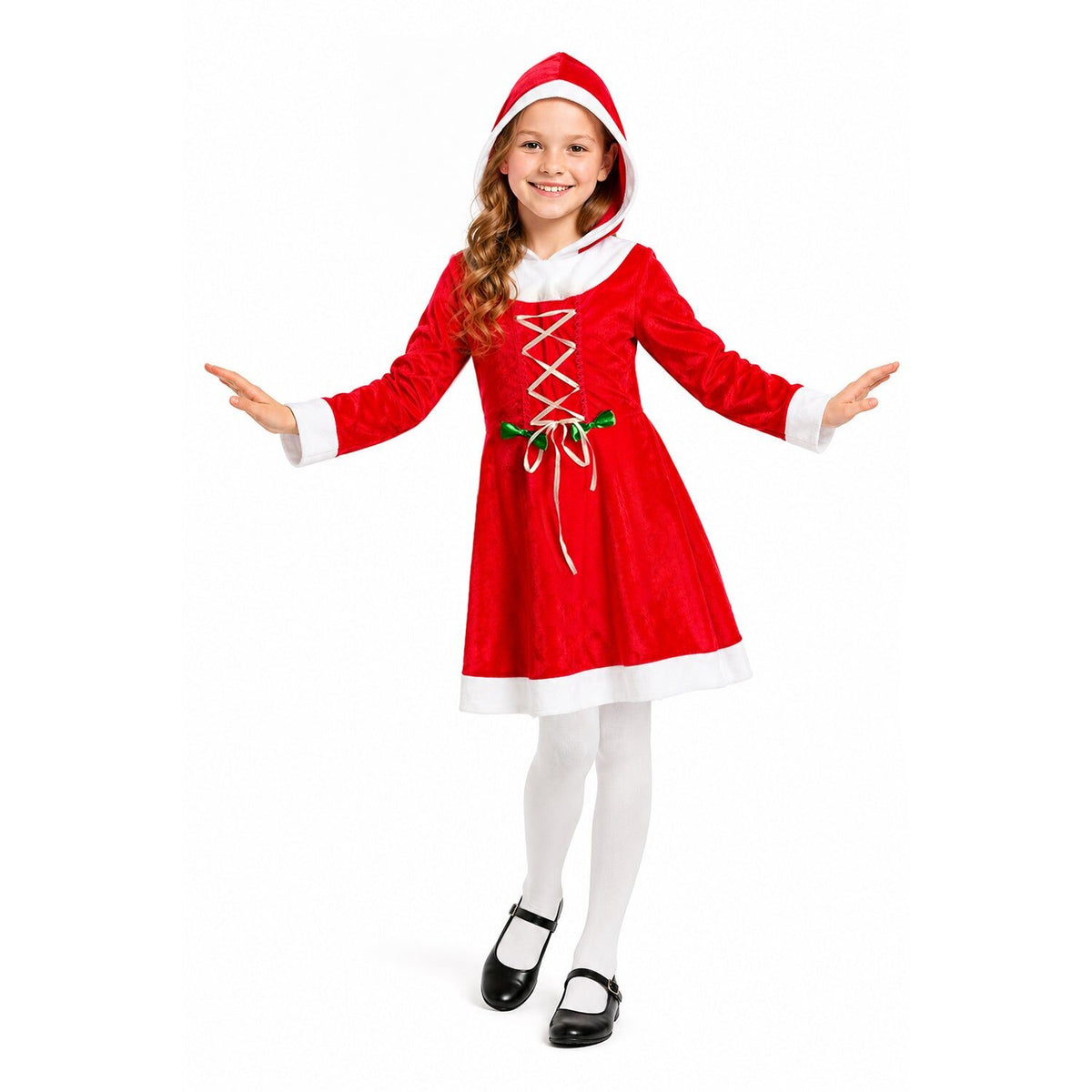 4x Girls Red Christmas Miss Claus Hooded Dress Group Costume Bulk Pack - Childrens Xmas Party Outfit