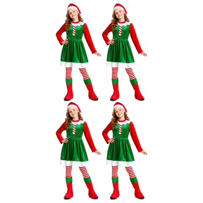 4x Girls Green Christmas Elf Group Costume Bulk Pack - Childrens Santas Helper Xmas Party Outfit
