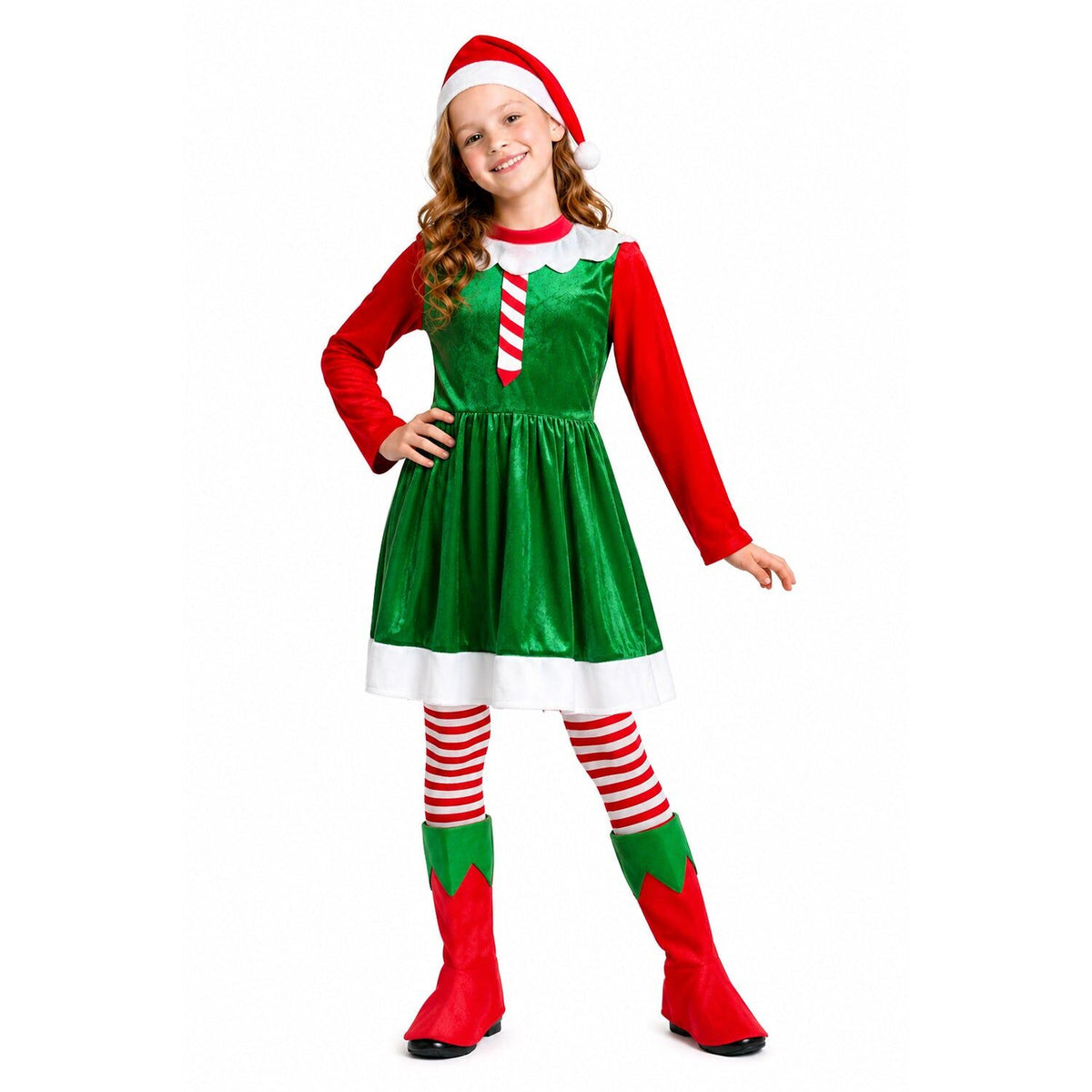 Girls Christmas Elf Costume - Green (Childrens Santas Helper Xmas Party Outfit)
