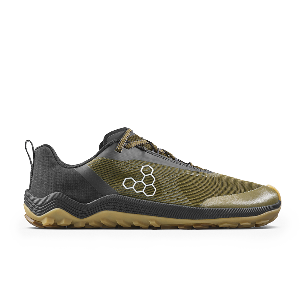 Vivobarefoot Mens Primus Trail Flow Barefoot Shoes - Dark Olive/Gum (Lightweight Recycled Runners)