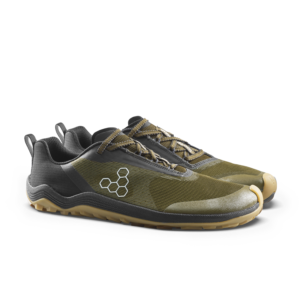 Vivobarefoot Mens Primus Trail Flow Barefoot Shoes - Dark Olive/Gum (Lightweight Recycled Runners)