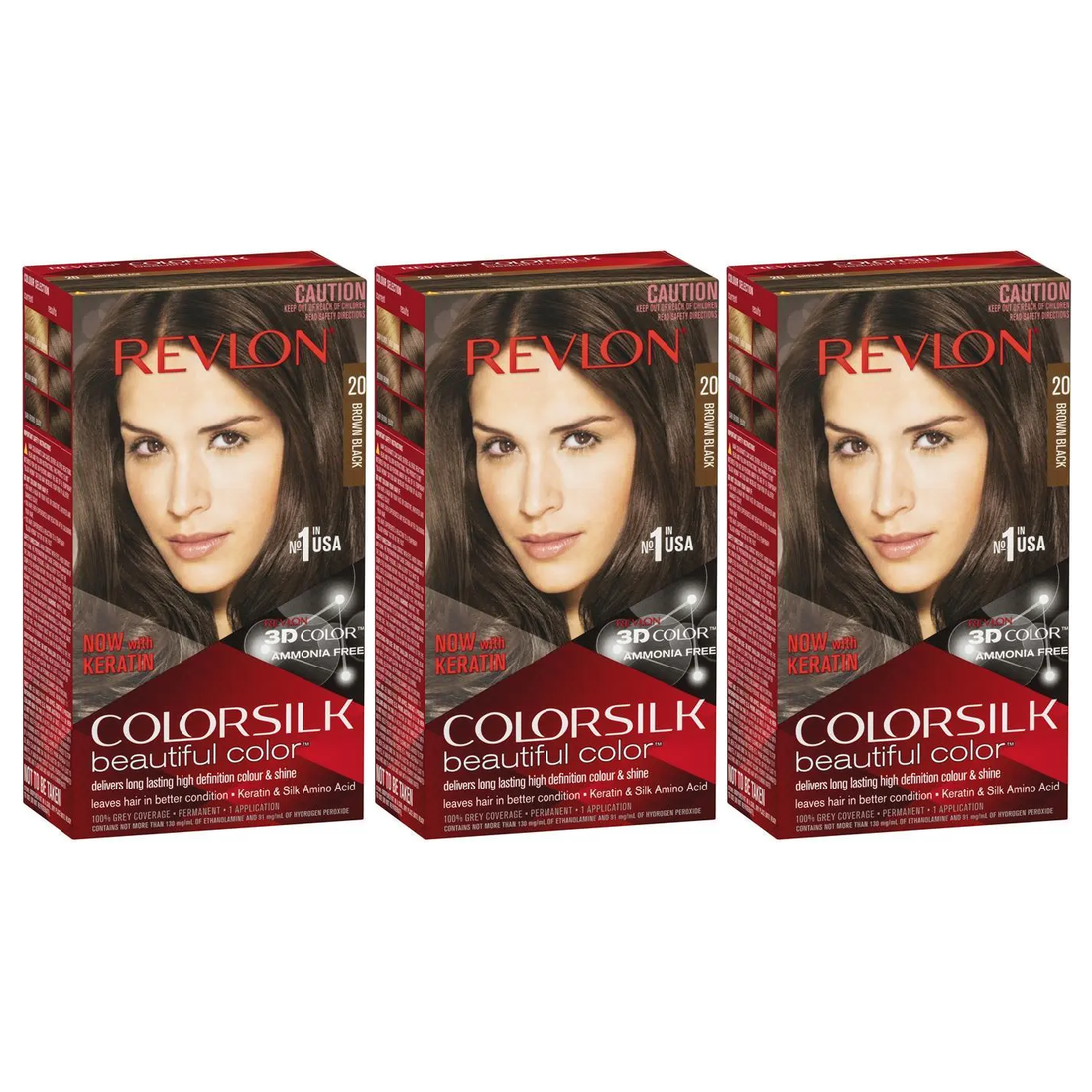3x Revlon ColorSilk 3D Permanent Hair Colour with Keratin Pack - 20 Brown/Black