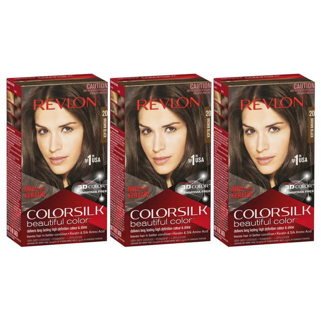 3x Revlon ColorSilk 3D Permanent Hair Colour with Keratin Pack - 20 Brown/Black