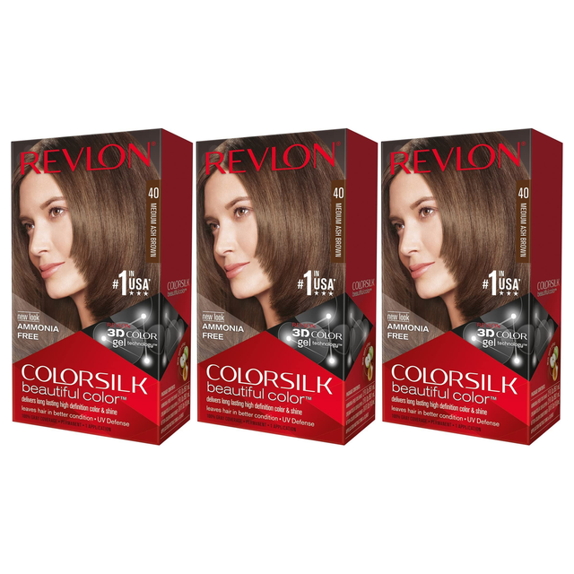 3x Revlon ColorSilk Beautiful 3D Permanent Hair Colour with Keratin Pack - 40 Medium Ash Brown