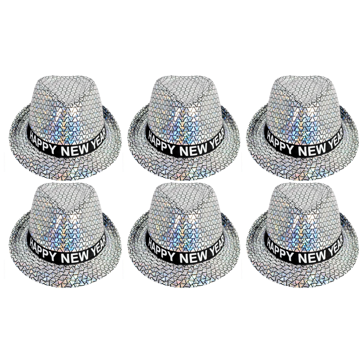 6x Happy New Year Metallic Trilby Hat Bulk Pack - Black/Silver Triangles (Party Costume & Fancy Dress)