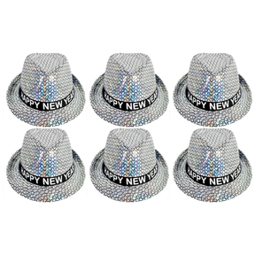 6x Happy New Year Metallic Trilby Hat Bulk Pack - Black/Silver Triangles (Party Costume & Fancy Dress)