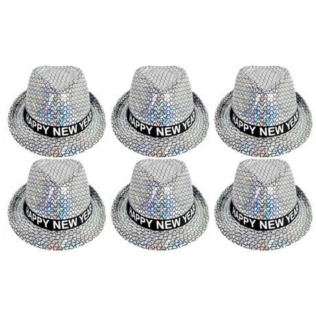 6x Happy New Year Metallic Trilby Hat Bulk Pack - Black/Silver Triangles (Party Costume & Fancy Dress)