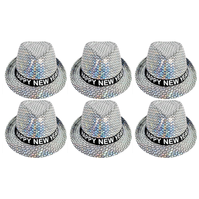 6x Happy New Year Metallic Trilby Hat Bulk Pack - Black/Silver Triangles (Party Costume & Fancy Dress)