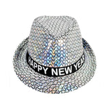 Happy New Year Metallic Trilby Costume Party Hat - Black & Silver Triangles