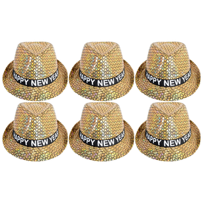6x Happy New Year Metallic Trilby Hat Bulk Pack - Black/Gold Triangles (Party Costume & Fancy Dress)