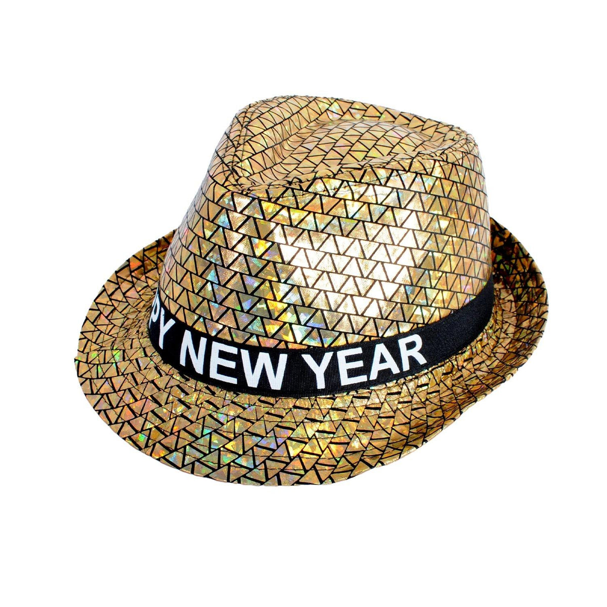 Happy New Year Metallic Trilby Costume Party Hat - Black & Gold Triangles