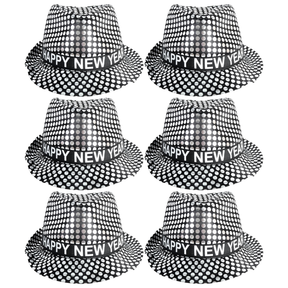 6x Happy New Year Metallic Trilby Hat Bulk Pack - Black/Silver Dots (Party Costume & Fancy Dress)