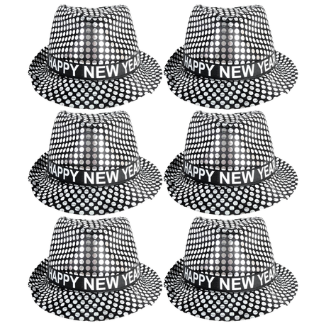 6x Happy New Year Metallic Trilby Hat Bulk Pack - Black/Silver Dots (Party Costume & Fancy Dress)