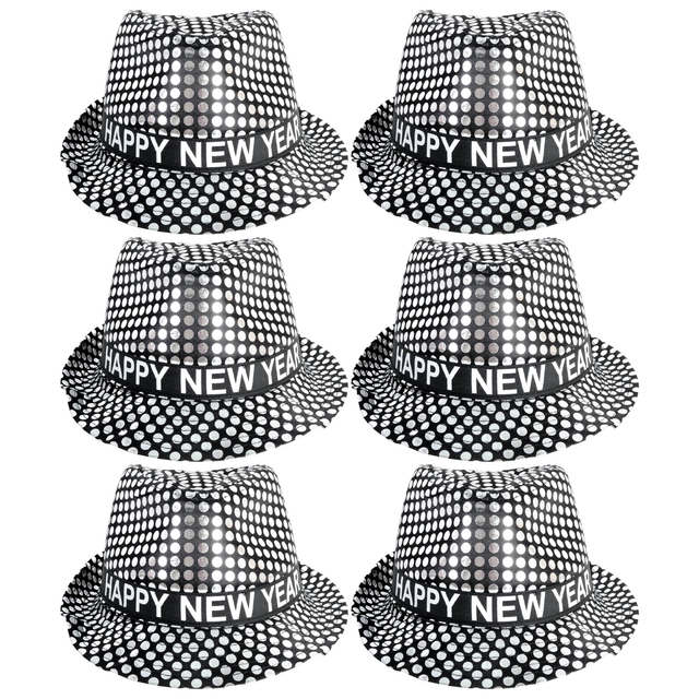 6x Happy New Year Metallic Trilby Hat Bulk Pack - Black/Silver Dots (Party Costume & Fancy Dress)