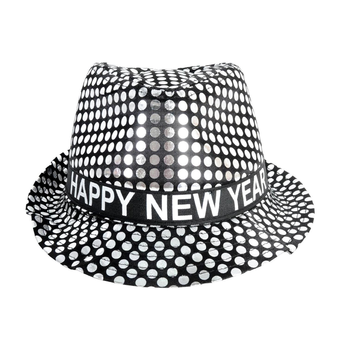 Happy New Year Metallic Trilby Costume Party Hat - Black & Silver Dots