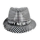 Happy New Year Metallic Trilby Costume Party Hat - Black & Silver Dots