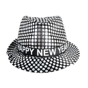 Happy New Year Metallic Trilby Costume Party Hat - Black & Silver Dots
