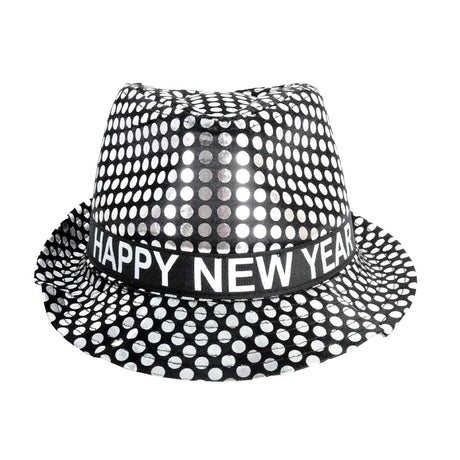 Happy New Year Metallic Trilby Hat - Black/Silver Dots (Party Costume & Fancy Dress)