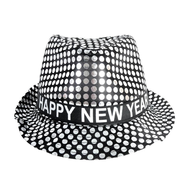 Happy New Year Metallic Trilby Costume Party Hat - Black & Silver Dots
