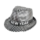 Happy New Year Metallic Trilby Costume Party Hat - Black & Silver Dots