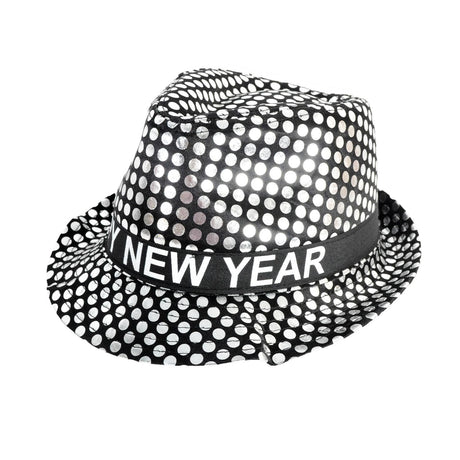 6x Happy New Year Metallic Trilby Hat Bulk Pack - Black/Silver Dots (Party Costume & Fancy Dress)