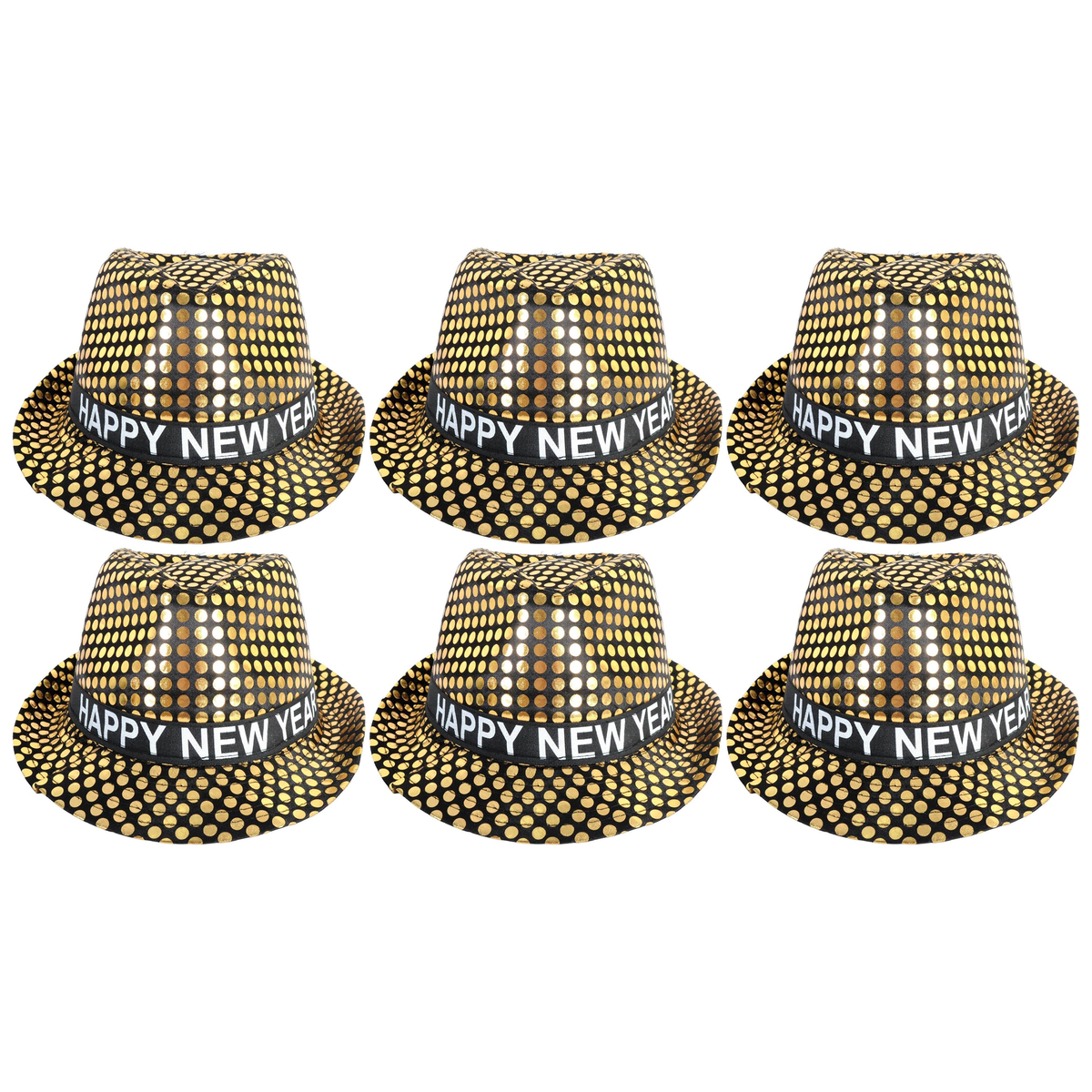 6x Happy New Year Metallic Trilby Hat Bulk Pack - Black/Gold Dots (Party Costume & Fancy Dress)