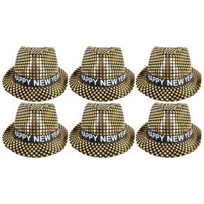 6x Happy New Year Metallic Trilby Hat Bulk Pack - Black/Gold Dots (Party Costume & Fancy Dress)