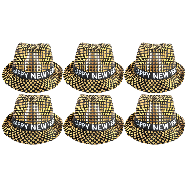 6x Happy New Year Metallic Trilby Hat Bulk Pack - Black/Gold Dots (Party Costume & Fancy Dress)