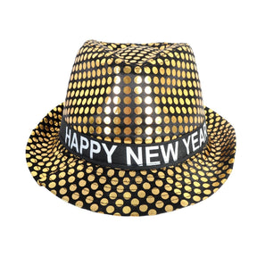 Happy New Year Metallic Trilby Costume Party Hat - Black & Gold Dots