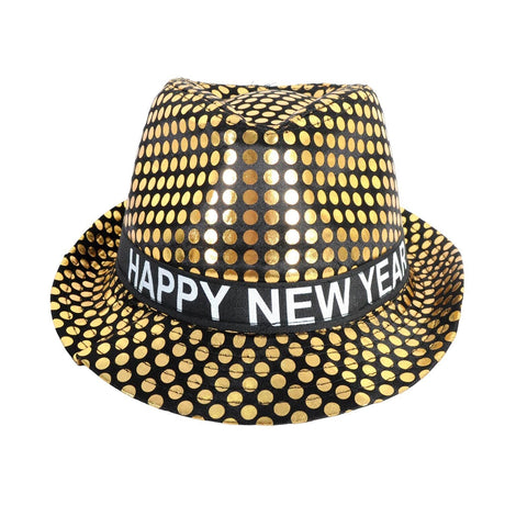 Happy New Year Metallic Trilby Hat - Black/Gold Dots (Party Costume & Fancy Dress)