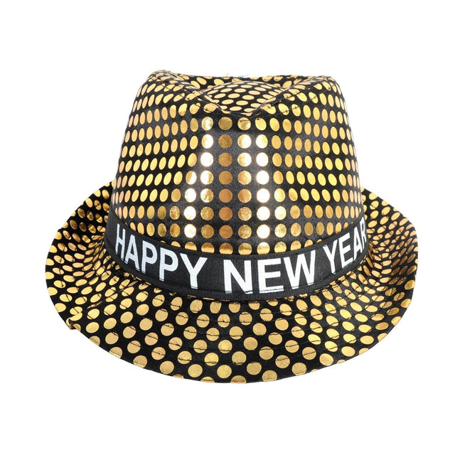 Happy New Year Metallic Trilby Costume Party Hat - Black & Gold Dots