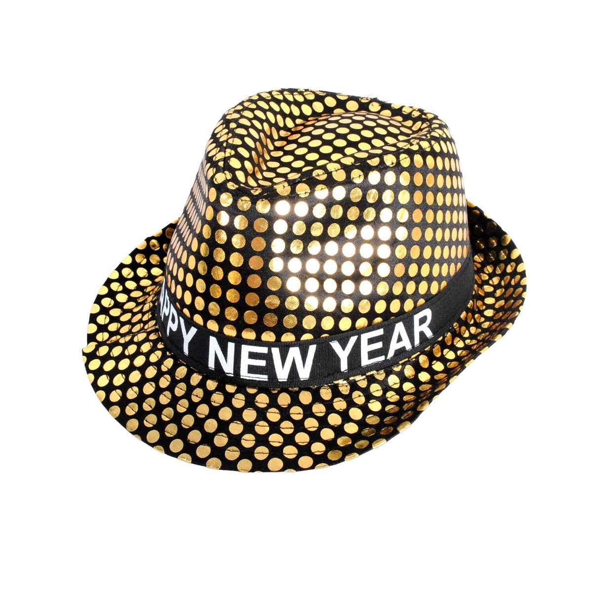 Happy New Year Metallic Trilby Costume Party Hat - Black & Gold Dots