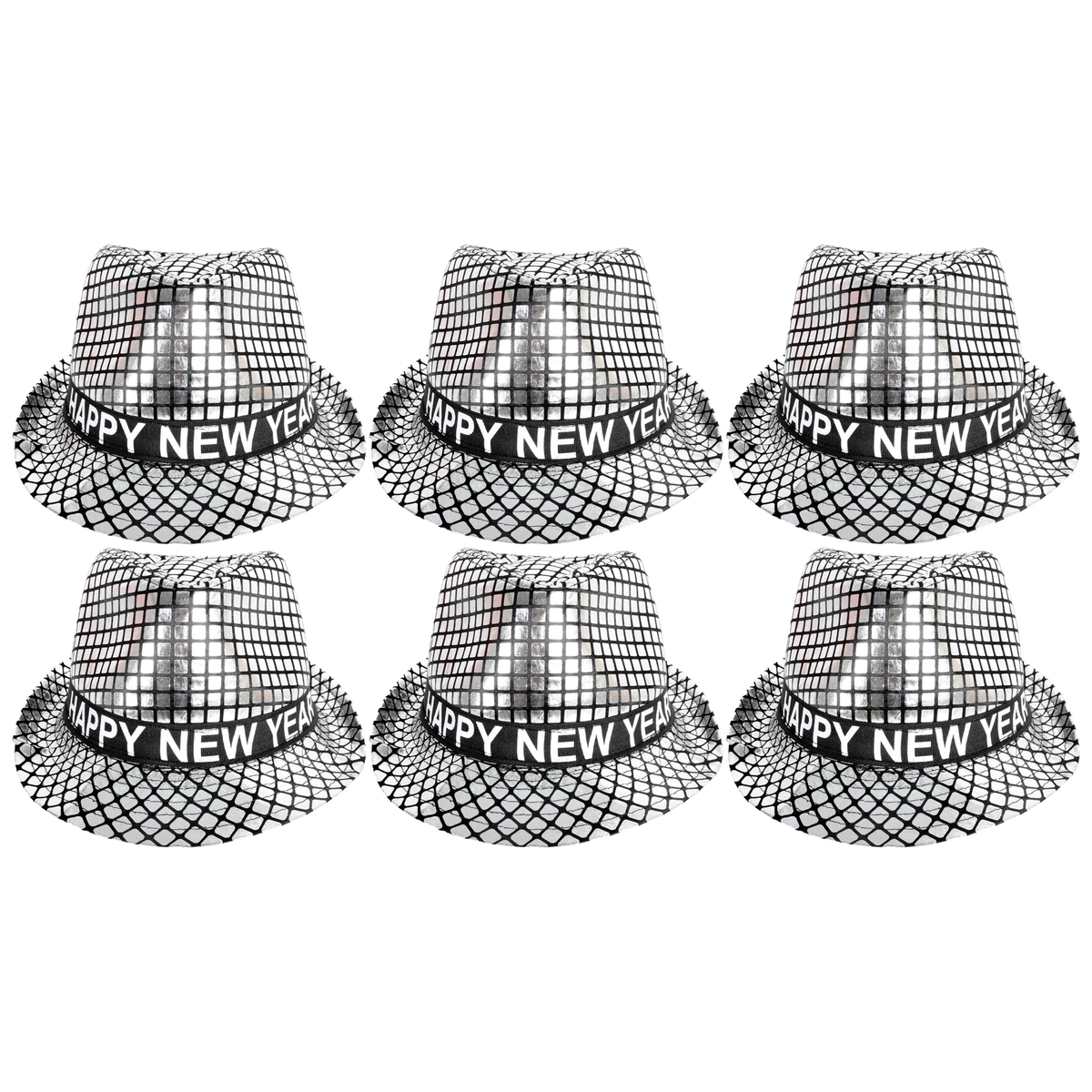 6x Happy New Year Metallic Trilby Hat Bulk Pack - Black/Silver Squares (Party Costume & Fancy Dress)