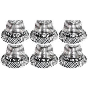 6x Happy New Year Metallic Trilby Hat Bulk Pack - Black/Silver Squares (Party Costume & Fancy Dress)