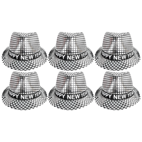 6x Happy New Year Metallic Trilby Hat Bulk Pack - Black/Silver Squares (Party Costume & Fancy Dress)