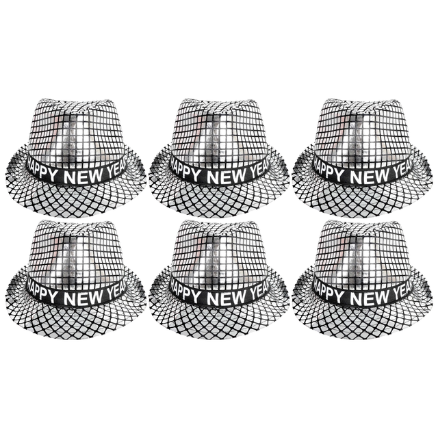 6x Happy New Year Metallic Trilby Hat Bulk Pack - Black/Silver Squares (Party Costume & Fancy Dress)