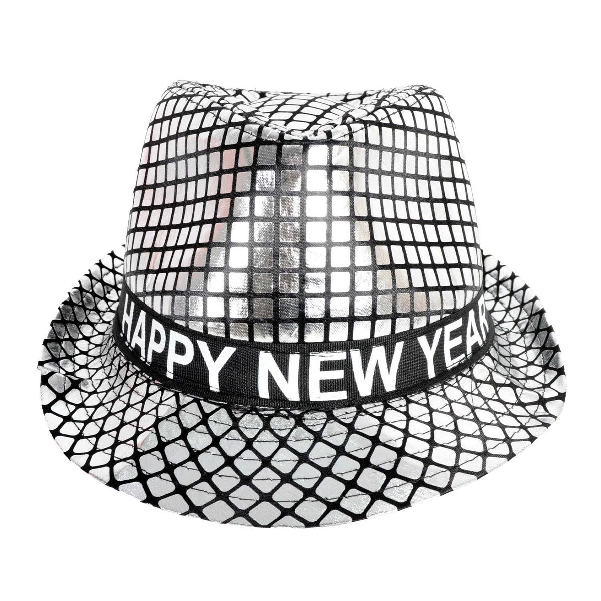 Happy New Year Metallic Trilby Costume Party Hat - Black & Silver Squares
