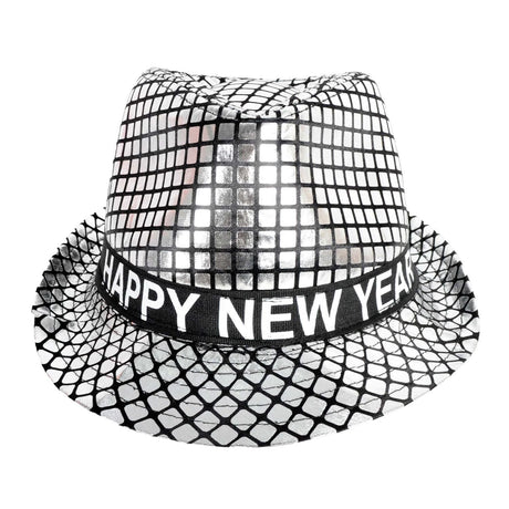 Happy New Year Metallic Trilby Hat - Black/Silver Squares (Party Costume & Fancy Dress)