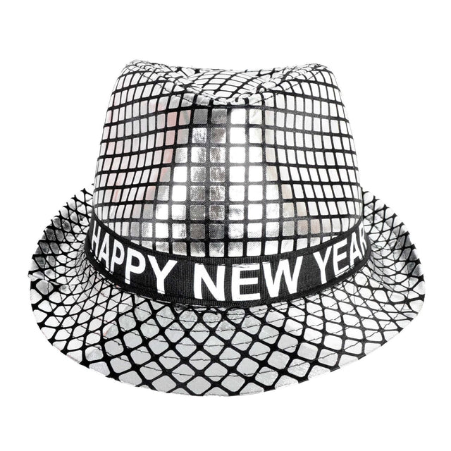 Happy New Year Metallic Trilby Costume Party Hat - Black & Silver Squares