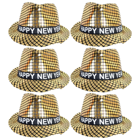 6x Happy New Year Metallic Trilby Hat Bulk Pack - Black/Gold Squares (Party Costume & Fancy Dress)